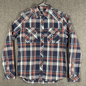 Affliction Shirt Mens Medium Blue Plaid Long Sleeve Western Biker Patch Casual